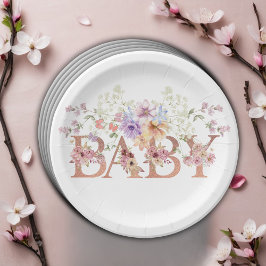 Blumenrosa Glitzer Baby Monogram Babydusche Pappteller