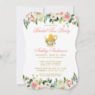 Blumenrosa Gold Brautparty Tee Party Einladung BP