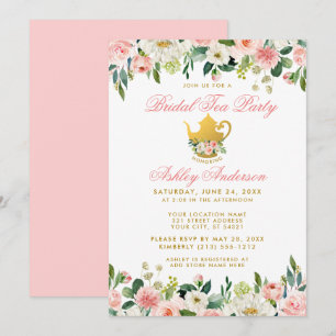 Blumenrosa Gold Brautparty Tee Party Einladung PK