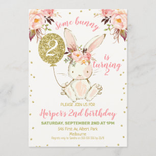 Blumenrosa Gold Bunny Birthday Einladung
