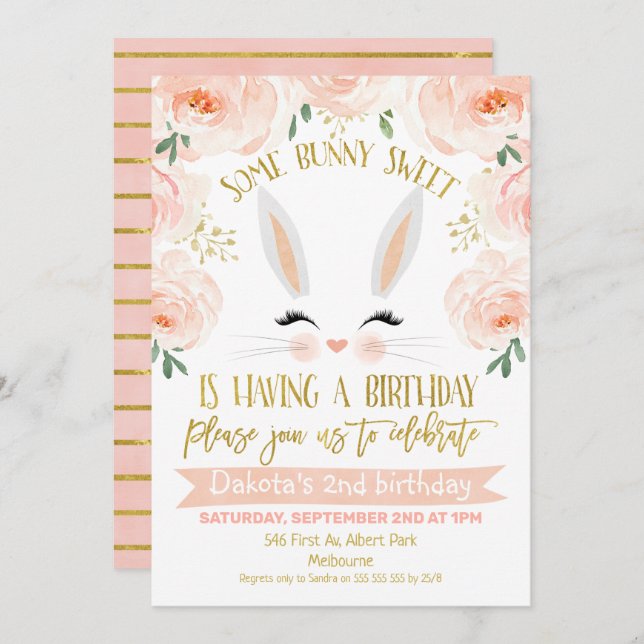 Blumenrosa Gold Bunny Face Birthday Einladung (Vorne/Hinten)