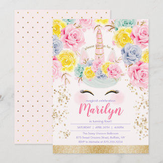 Blumenrosa & Gold Glitzer Einhorn Geburtstagsparty Einladung