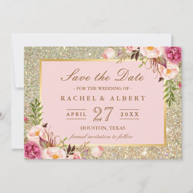Blumenrosa Gold Glitzer Hochzeit Sichern Sie das D Save The Date (Vorderseite)