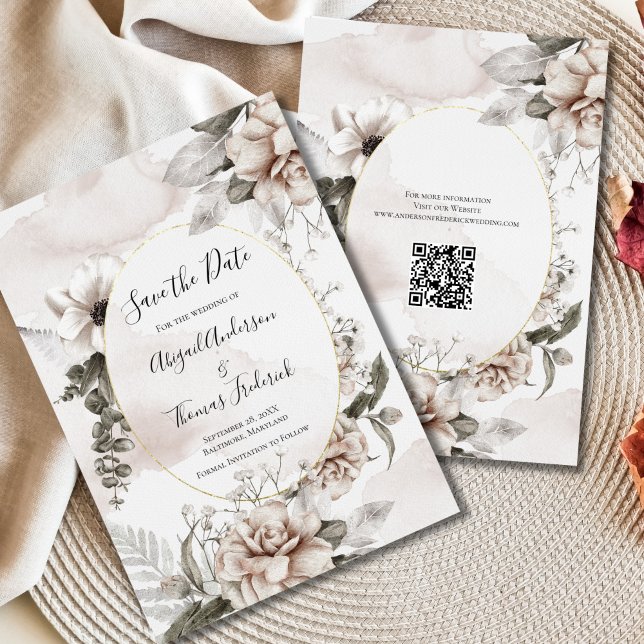 Blumenrosa Große Botanische Wasserfarbenhochzeit Save The Date (Pink Gray Watercolor Floral Boho Flowers Wedding Save The Date Card)