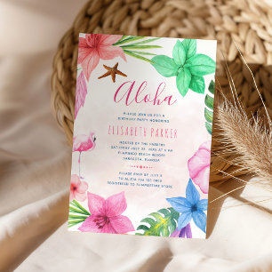 Blumenrosa Hawaiianische Luau Geburtstagsparty Einladung