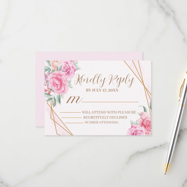 Blumenrosa Hochzeit RSVP Karte (Vorderseite/Rückseite Beispiel)