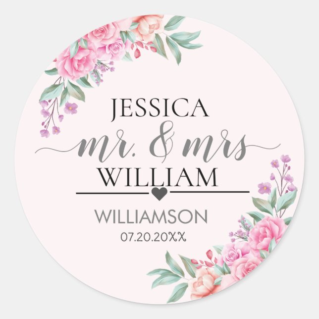 Blumenrosa Hochzeit Runder Aufkleber (Vorderseite)