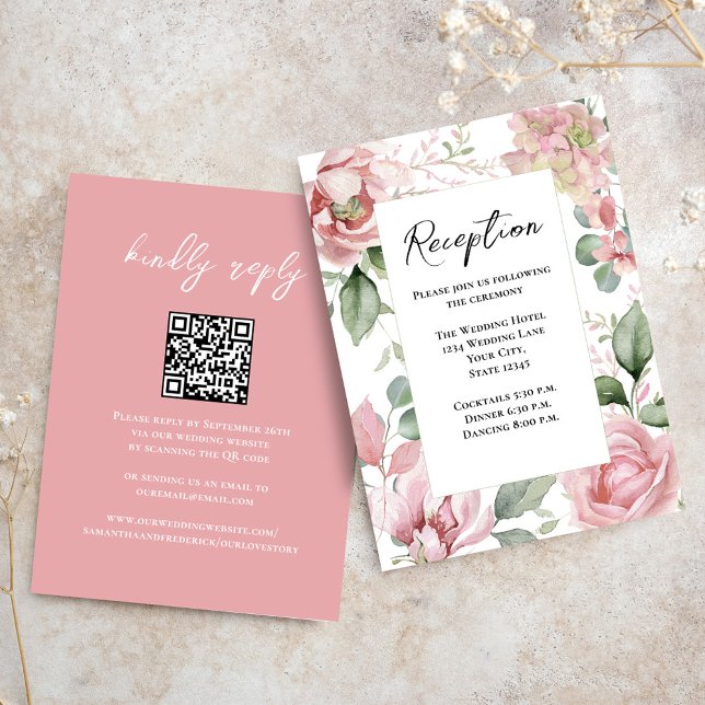 Blumenrosa Hochzeitsempfang Begleitkarte (Elegant wedding reception with blush pink watercolor floral design. )