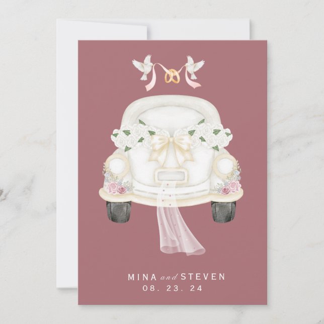 Blumenrosa Hochzeitswagen Save The Date (Vorderseite)