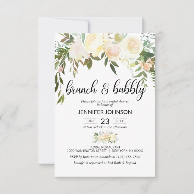 Blumenrosa Ivory Brunch & Bubbly Brautparty Einladung (Vorderseite)