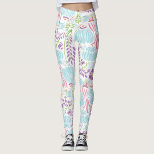 Blumenrosa Korallen Grün und Blau Art Deco Muster Leggings