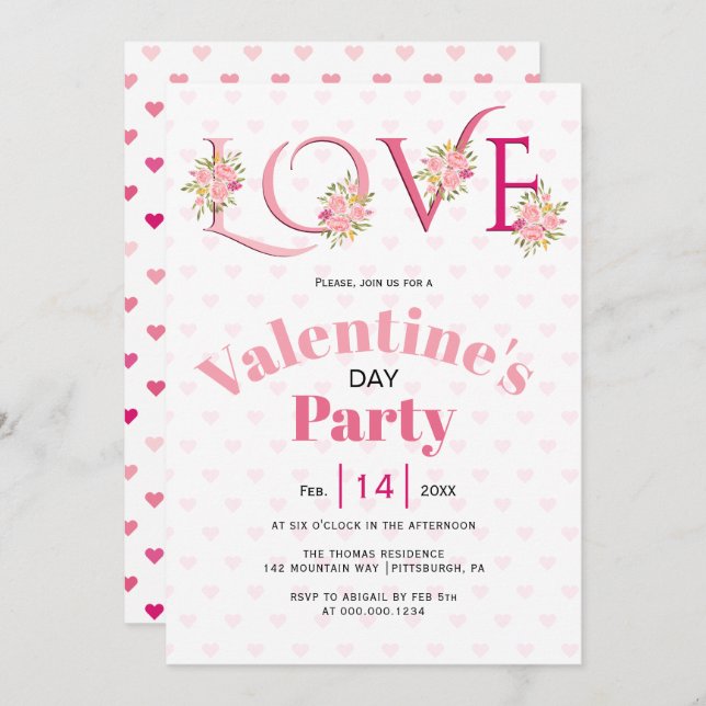 Blumenrosa LIEBE Herz Valentinstag Party Einladung (Vorne/Hinten)