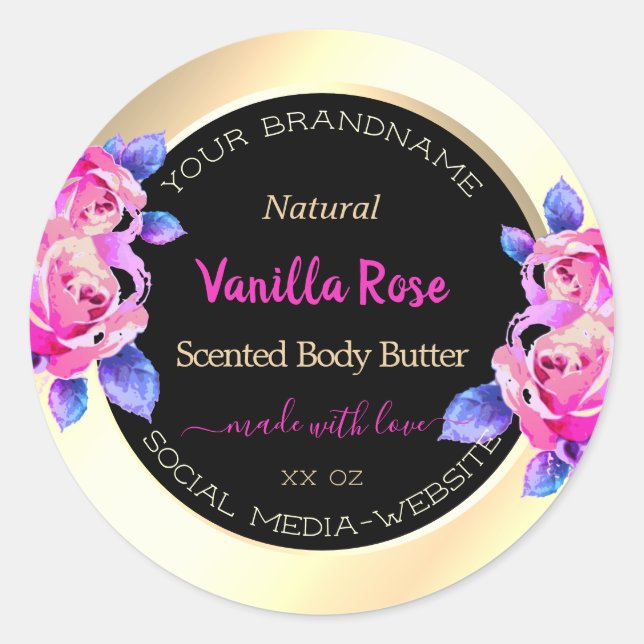 Blumenrosa, Lila-Schwarz- und Goldmarken Runder Aufkleber (Vorderseite)