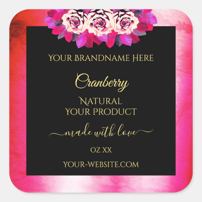 Blumenrosa-Marmormuster Schwarzes Produktlabel Quadratischer Aufkleber (Vorderseite)