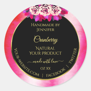 Blumenrosa-Marmormuster Schwarzes Produktlabel Runder Aufkleber