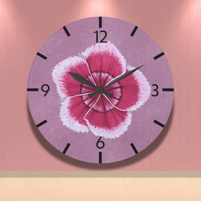 Blumenrosa Moderne Dianthus handGezeichnet Große Wanduhr (Von Creator hochgeladen)