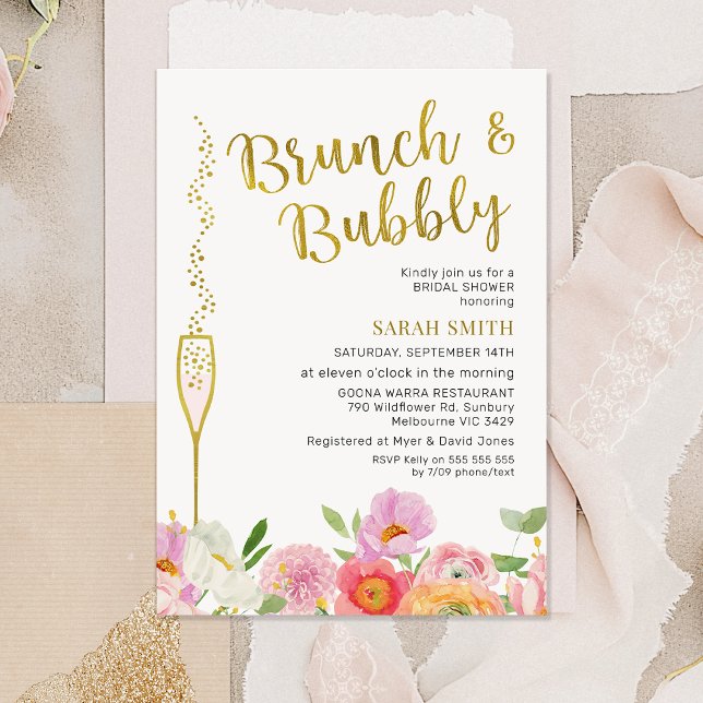 Blumenrosa Orange Brunch Bubbly Brautparty Einladung (Brunch and Bubbly Bridal Shower Invitation Card, Bright Floral Brunch Bubbly Bridal Shower Invite)