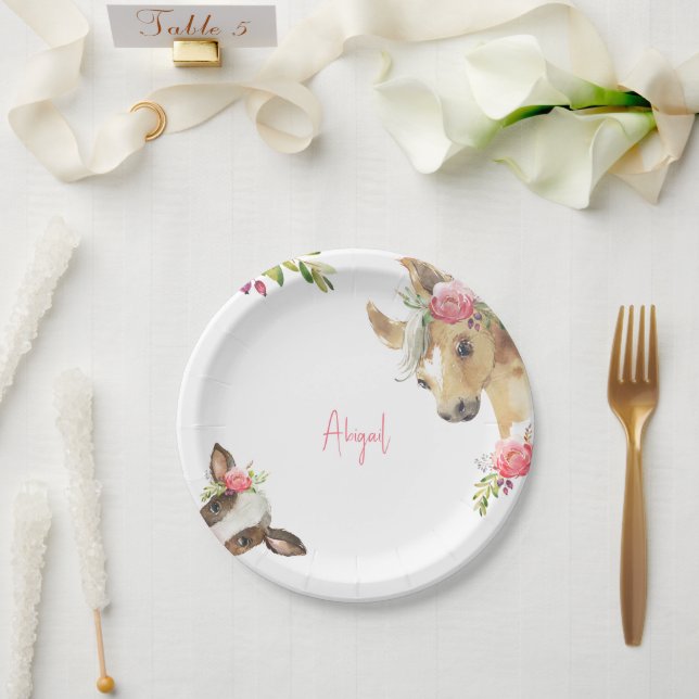 Blumenrosa Pony & Cow Babydusche Weiß Pappteller (Hochzeit)