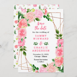 Blumenrosa Rosen mit Foliage Hochzeit Save The Date