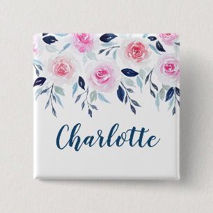 Blumenrosa Rosen Personalisierter Name Button