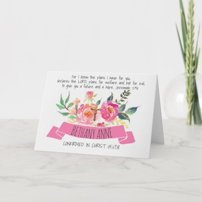 Blumenrosa Roses Crucifix Scripture Confirmation Karte (Vorderseite)