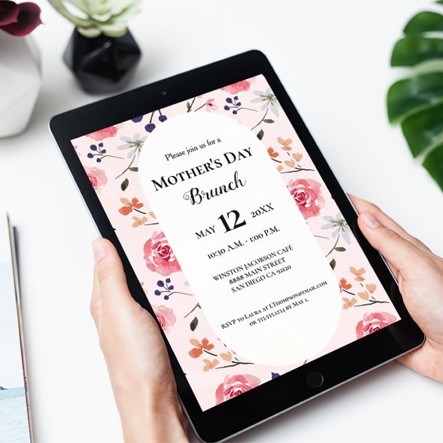 Blumenrosa Roses Peonies Muttertagsbrunch Einladung (Mother's day brunch digital download invitation. Pink roses, peonies watercolor pattern design.)