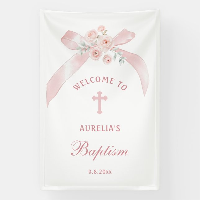 Blumenrosa Schleife Taufe Willkommen Banner (Vertikal)