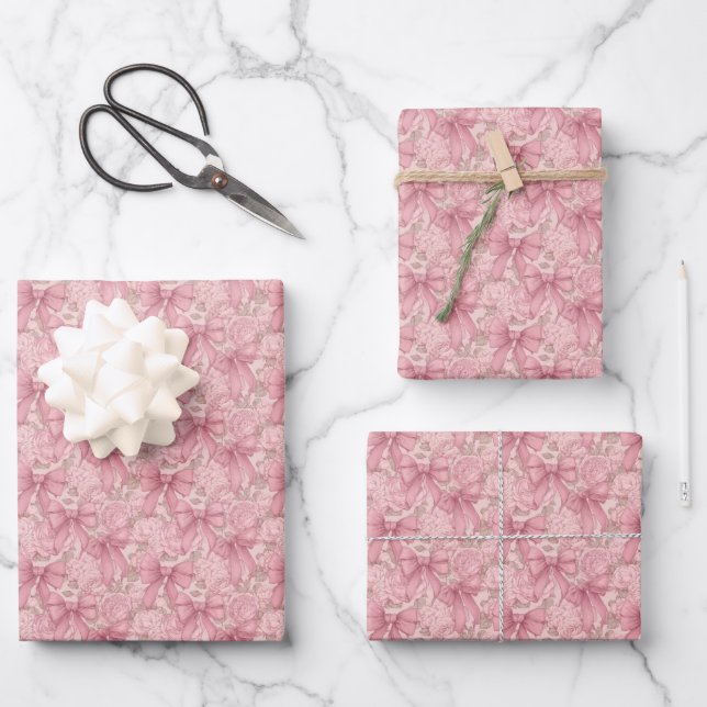 Blumenrosa Schleifen Geschenkpapier Set (Vorderseite)