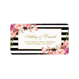 Blumenrosa Schwarz-weiße Streifen Hochzeit Adressaufkleber