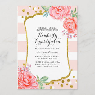 Blumenrosa Streifen Gold Konfetti Baby Shower Einladung