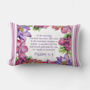 Blumenrosa Streifen Kissen Psalm 5:3 Reversibel