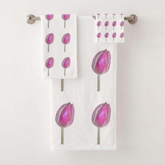 Blumenrosa Tulip Blume Bud Patterns Weiß Niedlich Badhandtuch Set (Insitu)