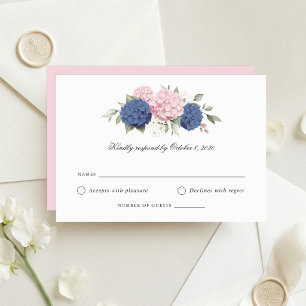 Blumenrosa und blaue Hortensien-Hochzeits-RSVP-Kar Einladung