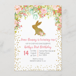 Blumenrosa und Gold Bunny Birthday Floral Einladung