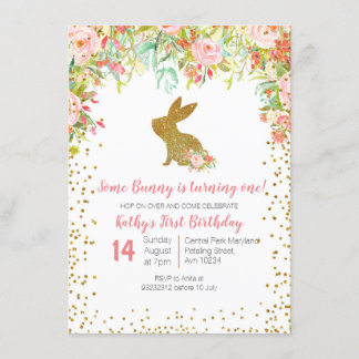 Blumenrosa und Gold Bunny Birthday Floral Einladung
