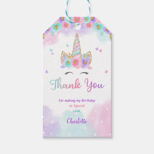 Blumenrosa und Lila Einhornprägemarken Geschenkanhänger (Vorderseite)