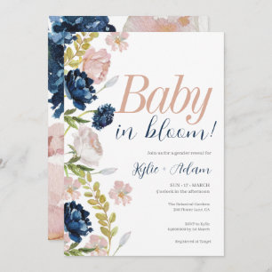 Blumenrosa und Navy Gender Reveal Baby Shower Einladung