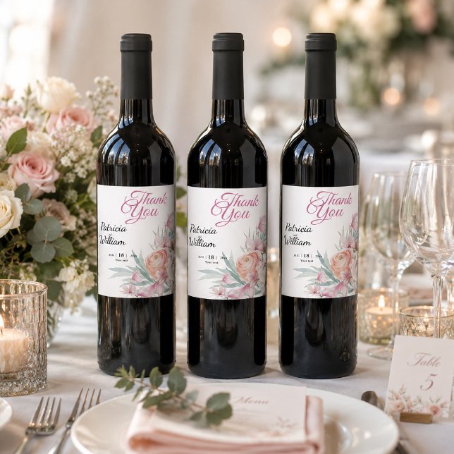 Blumenrosa und Orange Wedding Danke Weinetikett (Wedding Favor Watercolor Floral Thank You Custom Wine Label, Custom Wedding Stickers)