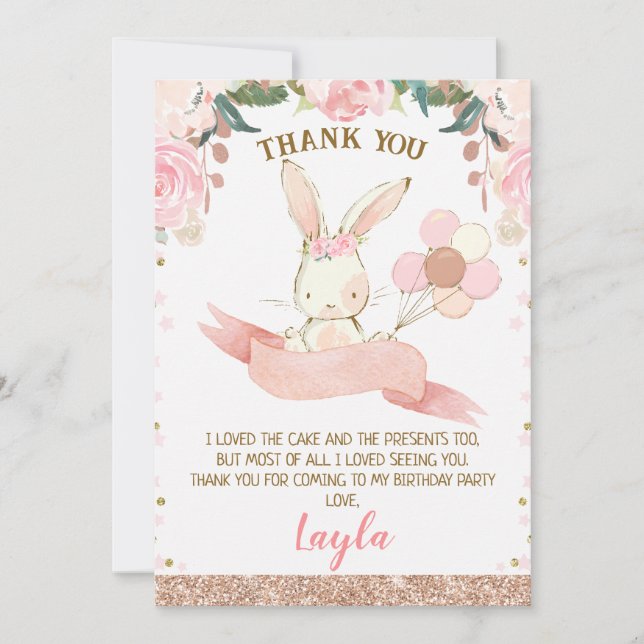 Blumenrosa und Rose Gold Bunny Danke Karte (Vorderseite)