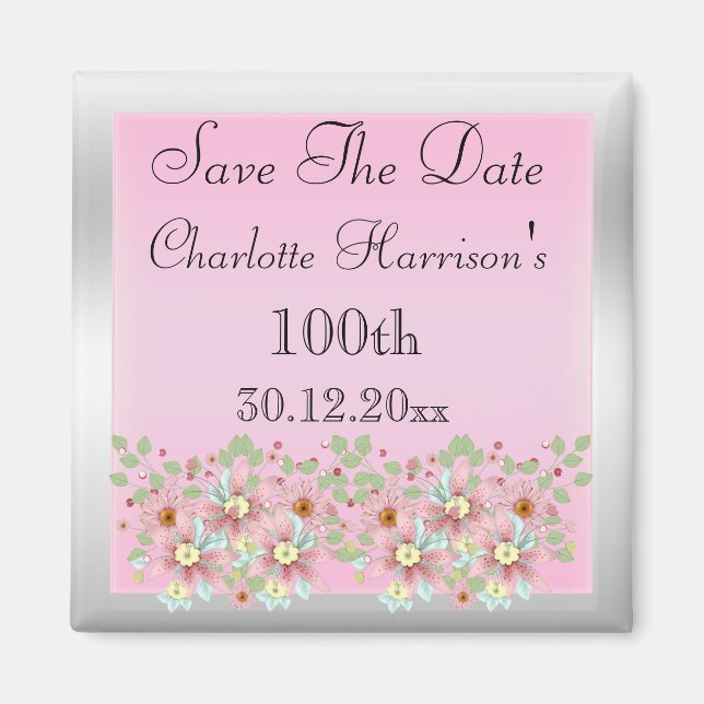 Blumenrosa und Silber Save the Date 100. Magnet (Vorne)