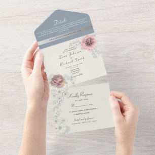 Blumenrosa und Staubblau Hochzeit All In One Einladung
