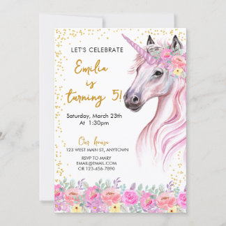 Blumenrosa Unicorn Geburtstag Einladung