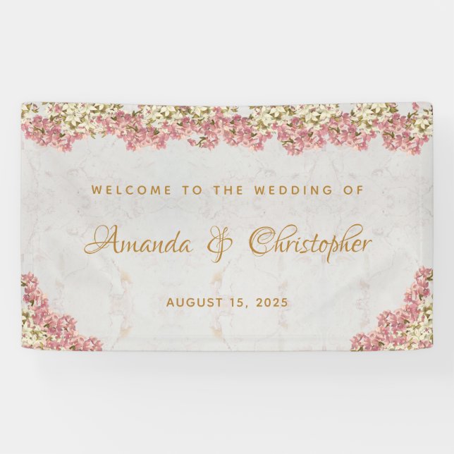 Blumenrosa Weiße Orchideen Marble Script Hochzeit Banner (Horizontal)