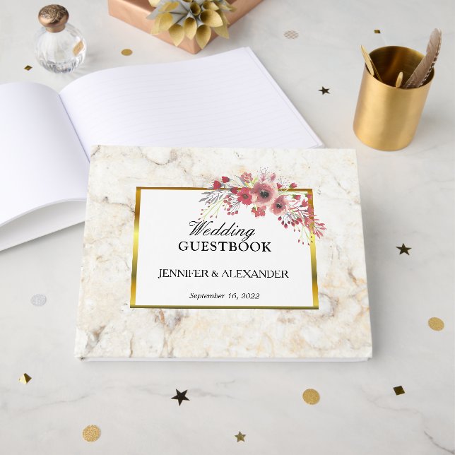 Blumenrosa, weißer Marmor Hochzeit Gästebuch (Vorderseite Offen)