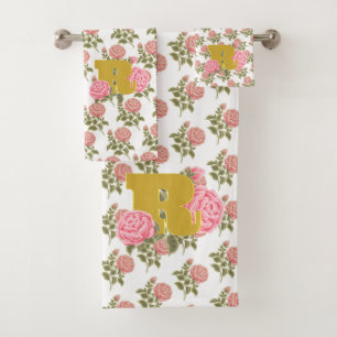 Blumenrosen-Initial-Buchstabe-Monogramm-Name Paar Badhandtuch Set