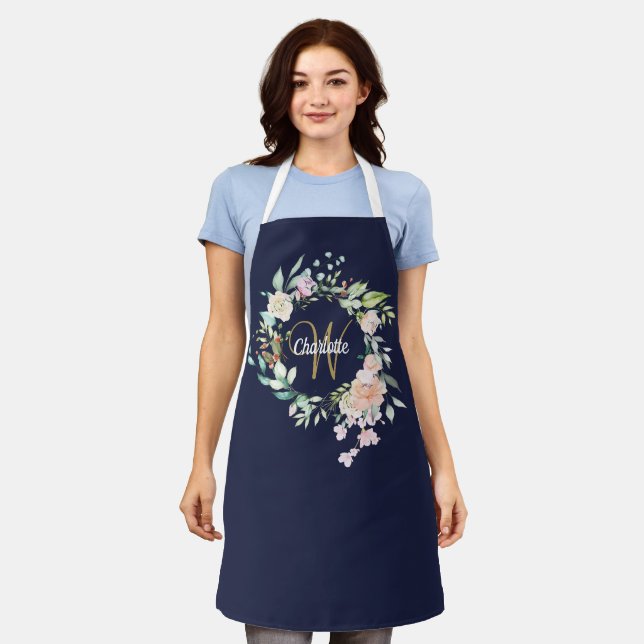 Blumenrosen Monogramm Goldschrift Navyblau Schürze (Getragen)