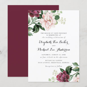 Blumenrot Merlot Grün Elegante Hochzeit Einladung