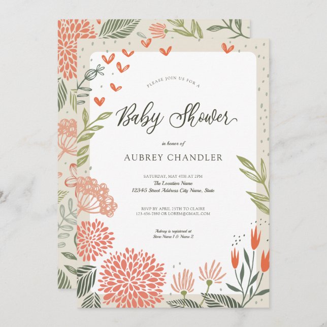 Blumenrot Pink Grüne Babydusche Einladung (Vorne/Hinten)