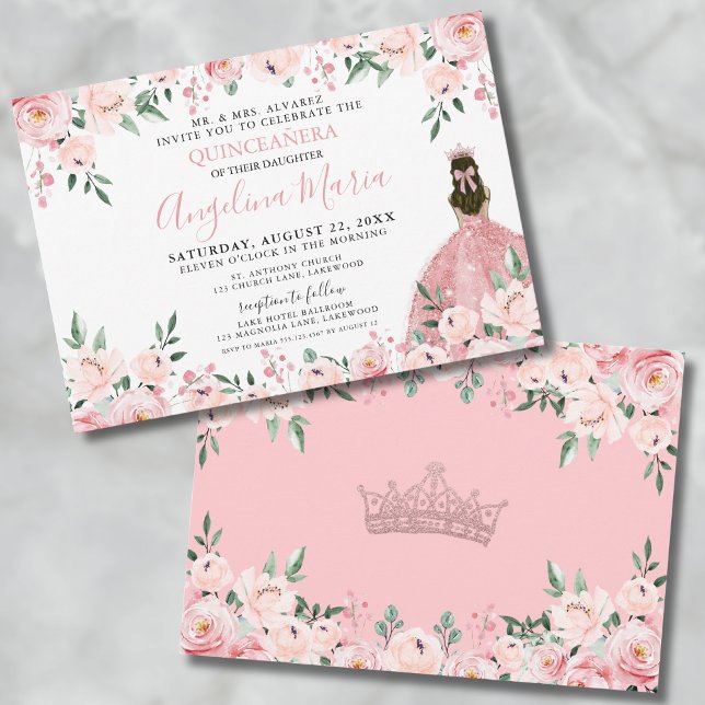 Blumenrot Rosa Einladung (Floral Blush Pink Quinceanera Invitation)