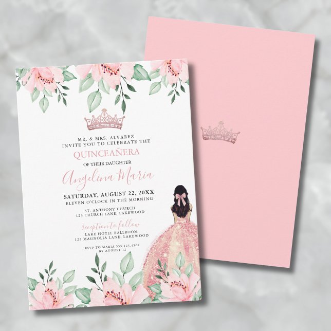 Blumenrot Rosa Einladung (Floral Pink Quinceanera Invitation)